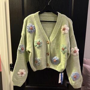 Cider Green Floral Appliqué V-Neck Cardigan Sweater NWT